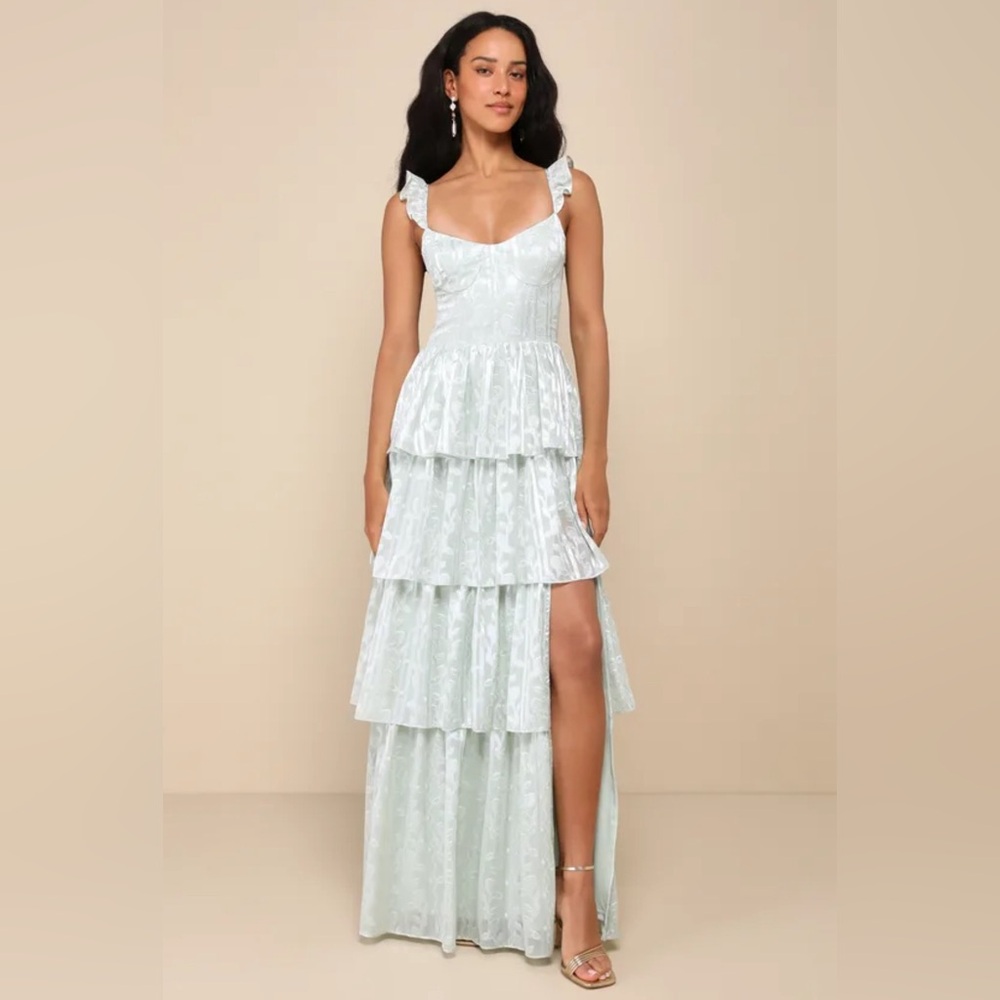 Lulus Stunning Glory Sage Green Floral Jacquard Tiered Maxi Dress